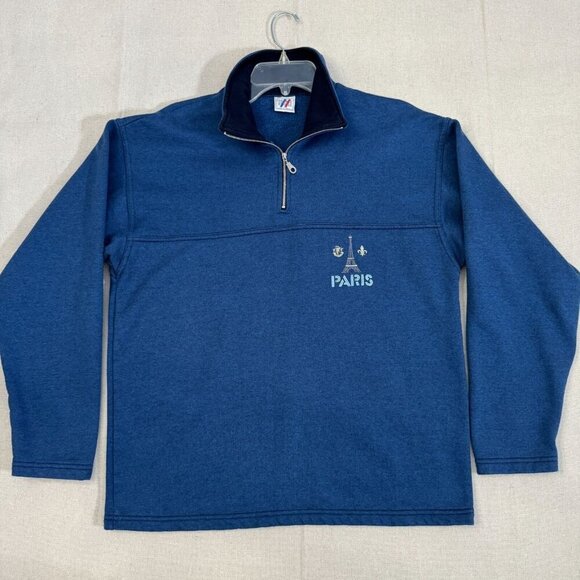 France Estelle Other - France Estelle Paris Embroidered Half-Zip Pullover Sweatshirt Long Sleeve Blue L